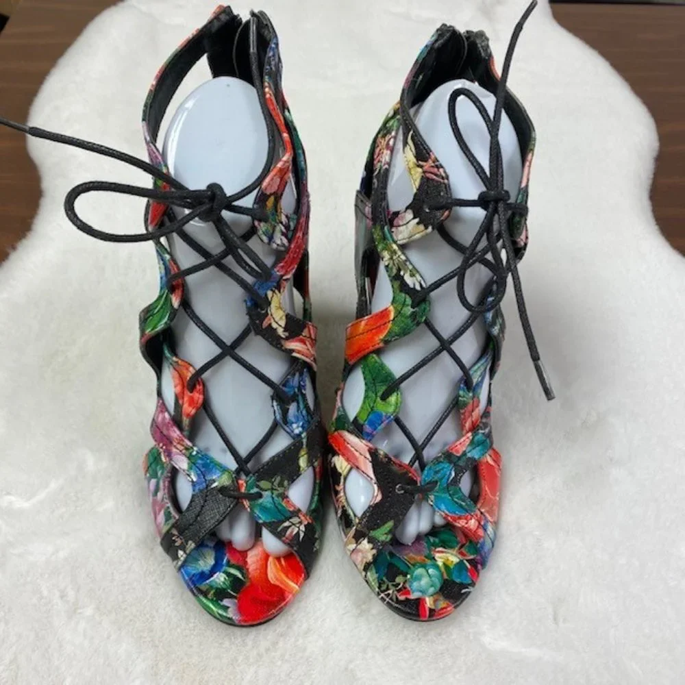Madden Girl Dita Floral Lace‎ Up Stilettos Open Toe Heels, size 8